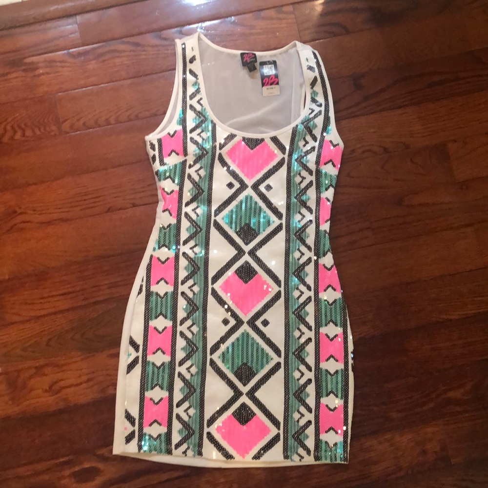2B Bebe White Sequin Tribal Print Dress